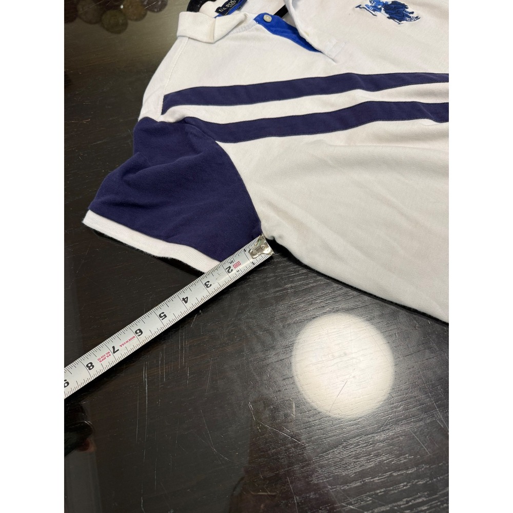 US Polo Assn Mens Large Polo Shirt Cream White Navy Blue Diagonal Stripe Cotton - Picture 4 of 6